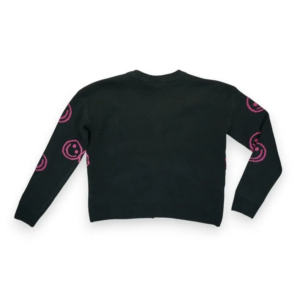 NWT Place‎ Knitted Cardigan Sweater V- Neck Black Pink Smiley Girls Size XXL